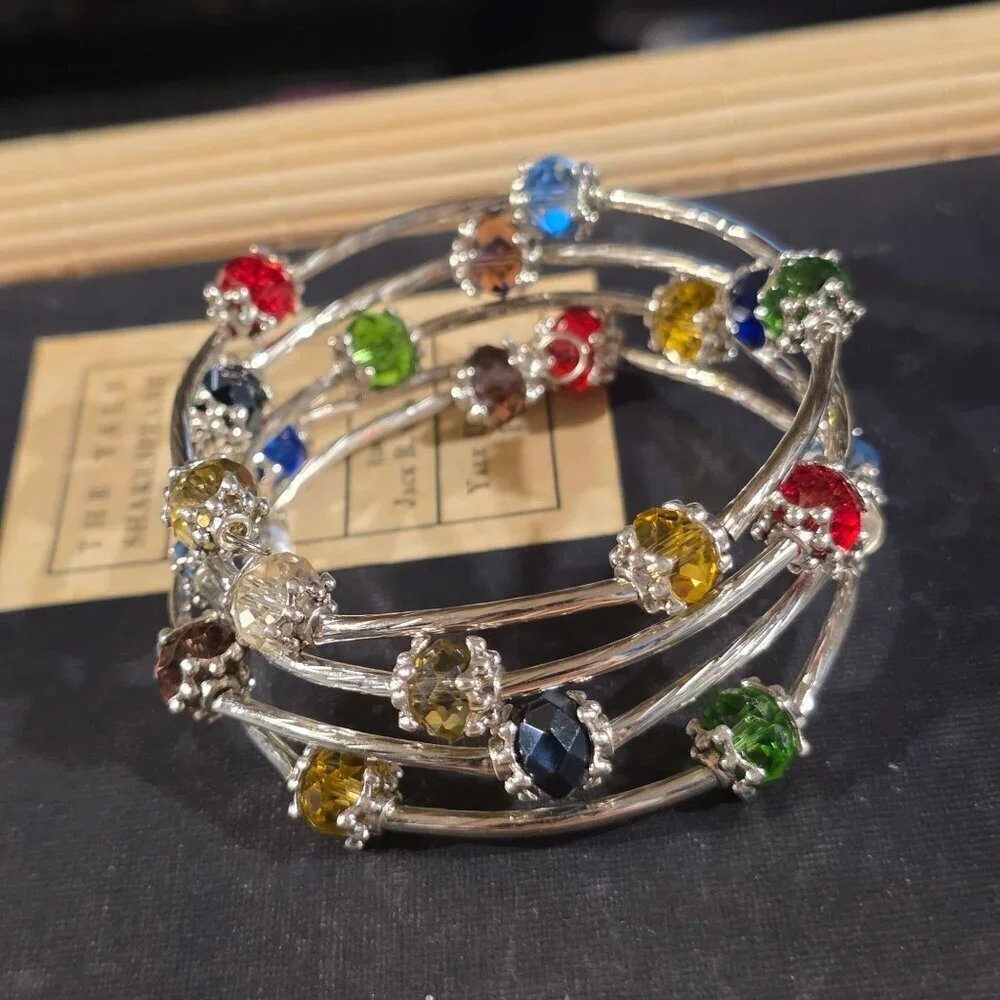 Silver Tone Crystal Wrap Bracelet With Multicolor Faceted Beads Filigree Details